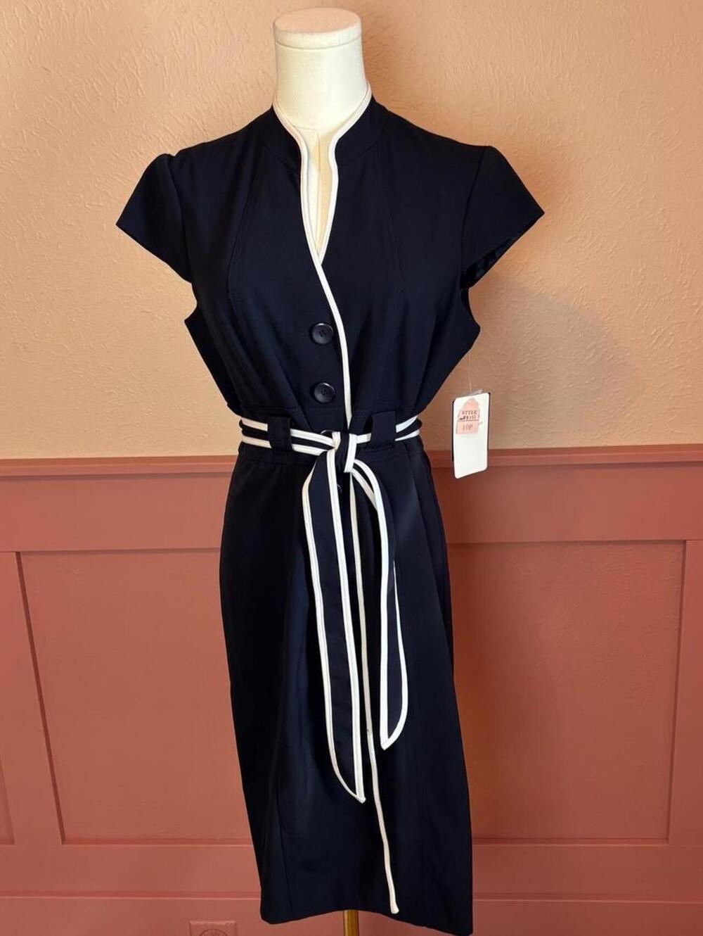 contrast midi navy dress sandra darren blue white nwt sz 10 petite office work
